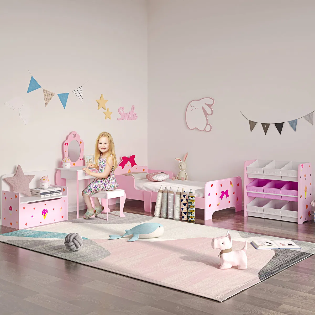 ZONEKIZ Set Tavolo Trucco con Sgabello e Specchio e Cassetto in Legno MDF per Bambini da 3-6 Anni, Bianco e Rosa