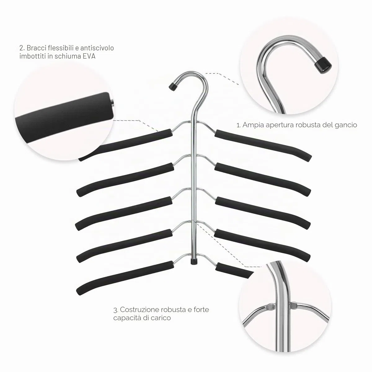 3 Pack Appendiabiti Organizzatore Salvaspazio Multistrato Multi-Funzione per Adulti 5 in 1 Metallo Appendiabiti Ganci Eva Antiscivolo Organizzatore Multiuso per Camicie Pantaloni Cappotti
