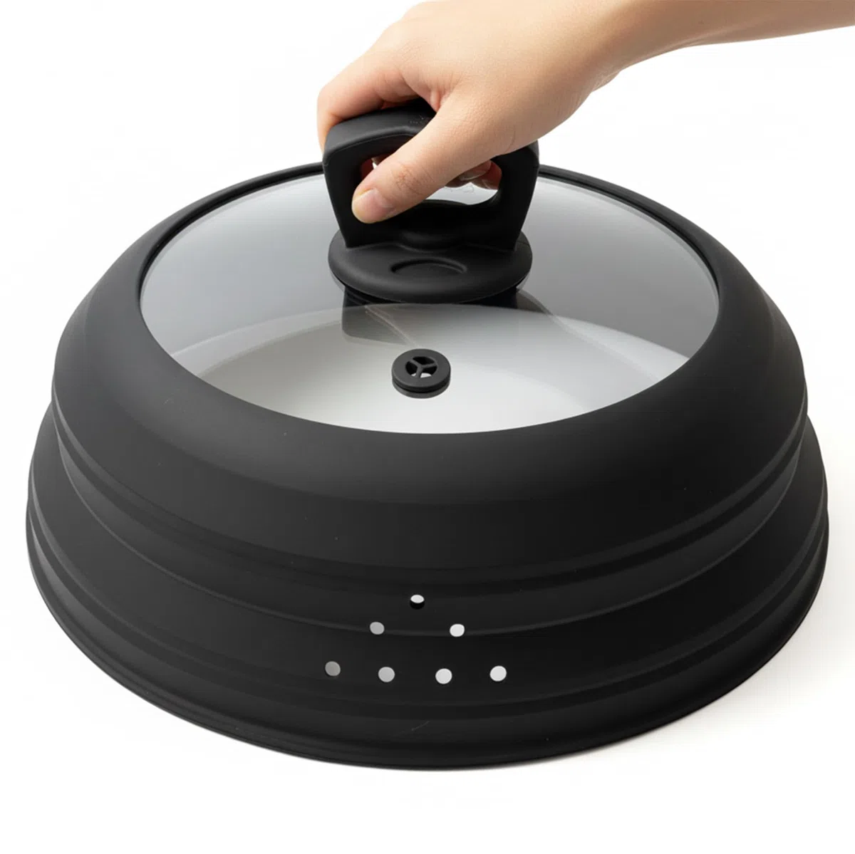 Copertura per microonde in vetro da 30 cm, con manico, pieghevole, in silicone, con sfiato per vapore, per pentola, piatto, ciotola, (nero)