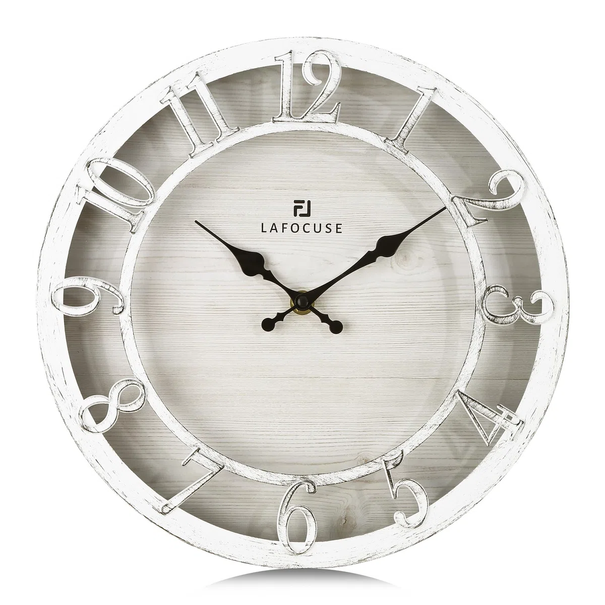 Lafocuse 30cm Orologio da Parete Numeri 3D Design Vintage, Silenzioso Rustico Retro Orologio Bianco, Shabby Chic Decorativo senza Ticchettio per Cucina Soggiorno Camera da Letto