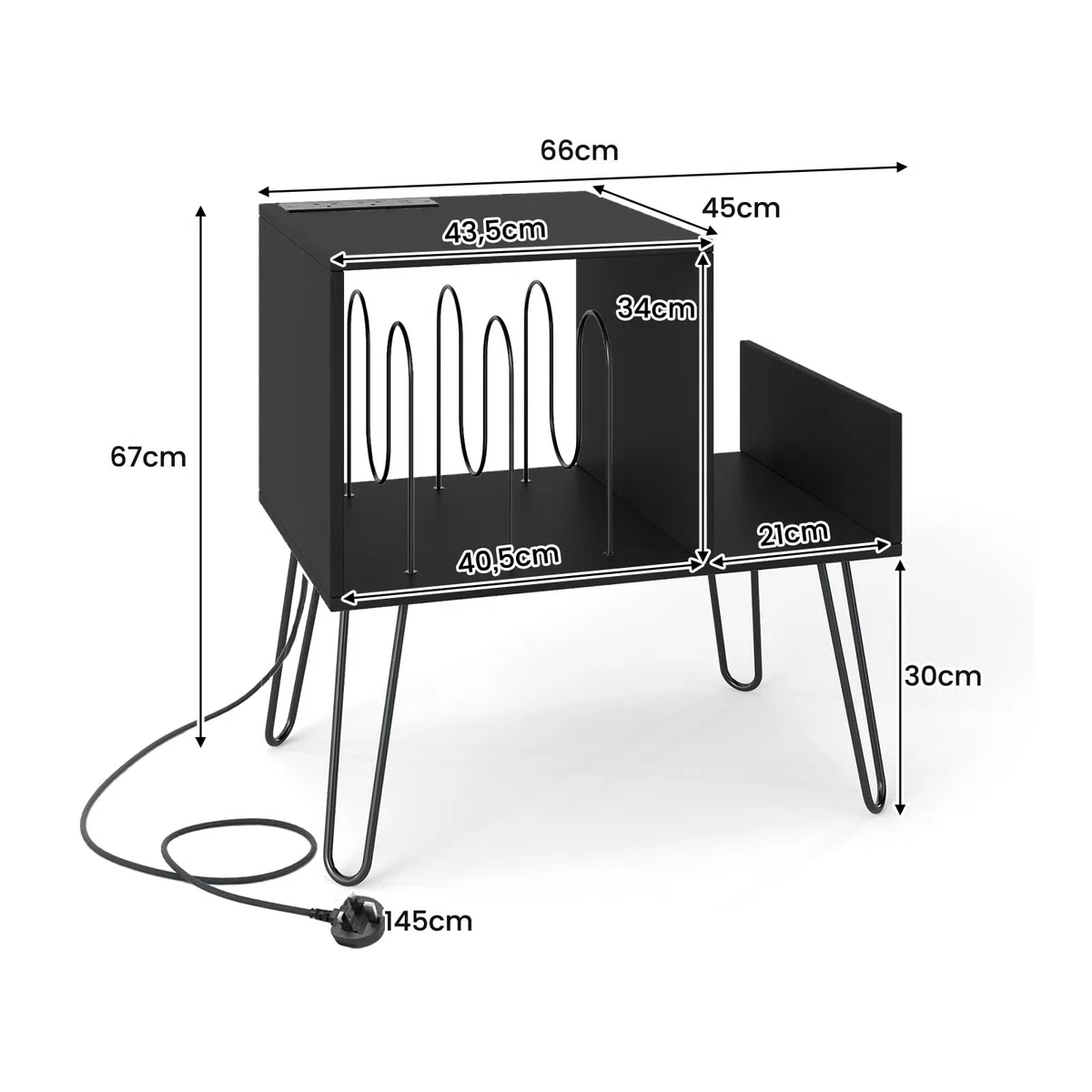 KOMFOTTEU Supporto per Giradischi con Stazione di Ricarica, Porta Dischi Vinile Vintege con Pareti Divisorie e Ripiano Laterale, Espositore per Dischi in Vinile Fino a 145 Album, 66x45x67cm (Nero)
