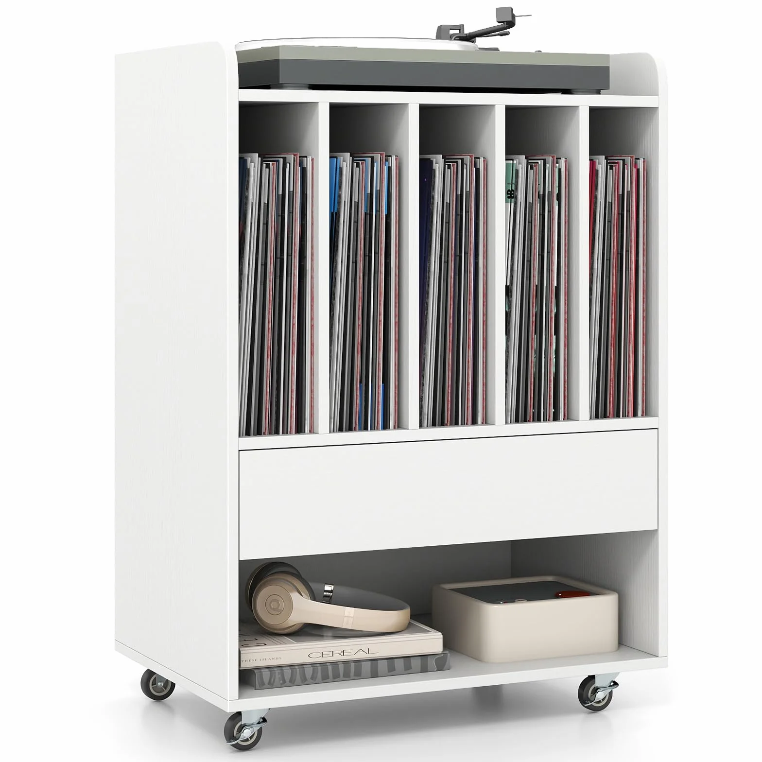 KOMFOTTEU Supporto per Giradischi in Vinile Fino a 180 Album, Mobile Giradischi con Ruote, Mobiletto Portaoggetti con Scomparti Aperti, Cassetto e Ganci per Ufficio, Soggiorno, Studio (Bianco)