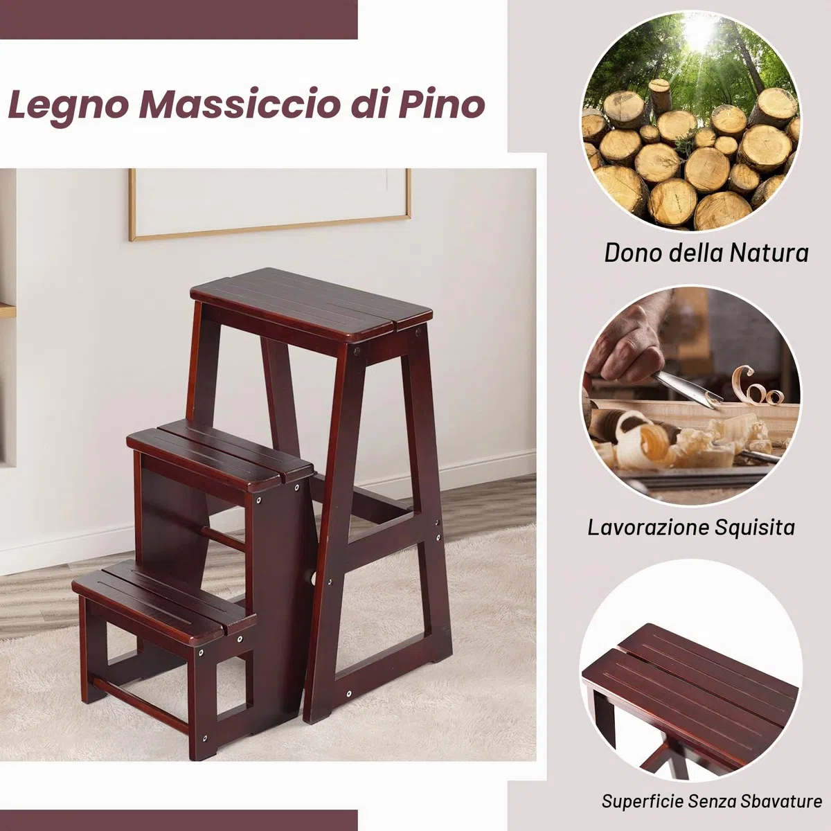 GIANTEX 2 in 1 Scaletta e Sgabello Legno, Sgabello Scala Pieghevole, a 3 Gradini, Portata di 150 kg, Richiudibile e Salvaspazio, Ideale per Soggiorno/Studio/Ufficio, 38,5x57x66 cm, 2 Colori