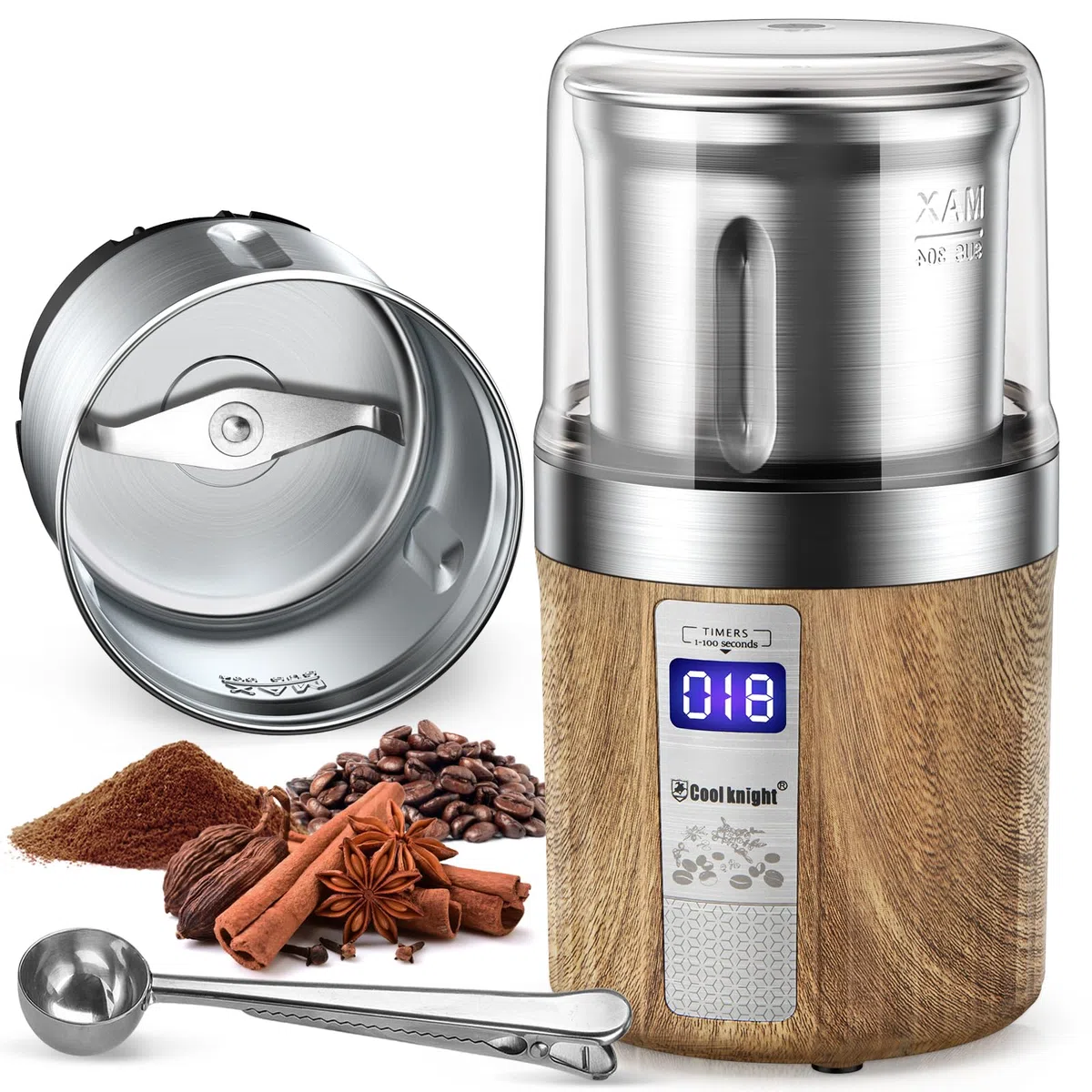 COOL KNIGHT Macinacaffè Elettrico, Macinacaffè Con Contatore E Una Tazza Di Macinatura In Acciaio Inossidabile. 100g Capacità Macina Spezie., Adatto Per Spezie, Chicchi Di Caffè, Noci, Ecc.