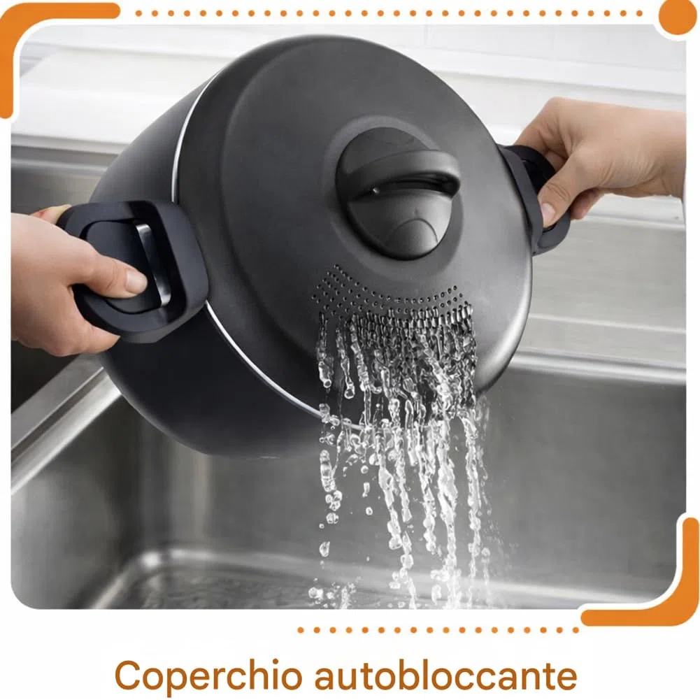 BAKAJI Pentola Scolì da 22 cm con Scolapasta Integrato, Coperchio Autobloccante, Manici Mobili ed Ergonomici, Antiaderente in Alluminio, Colore Grigio, Ideale per Pasta e Spaghetti