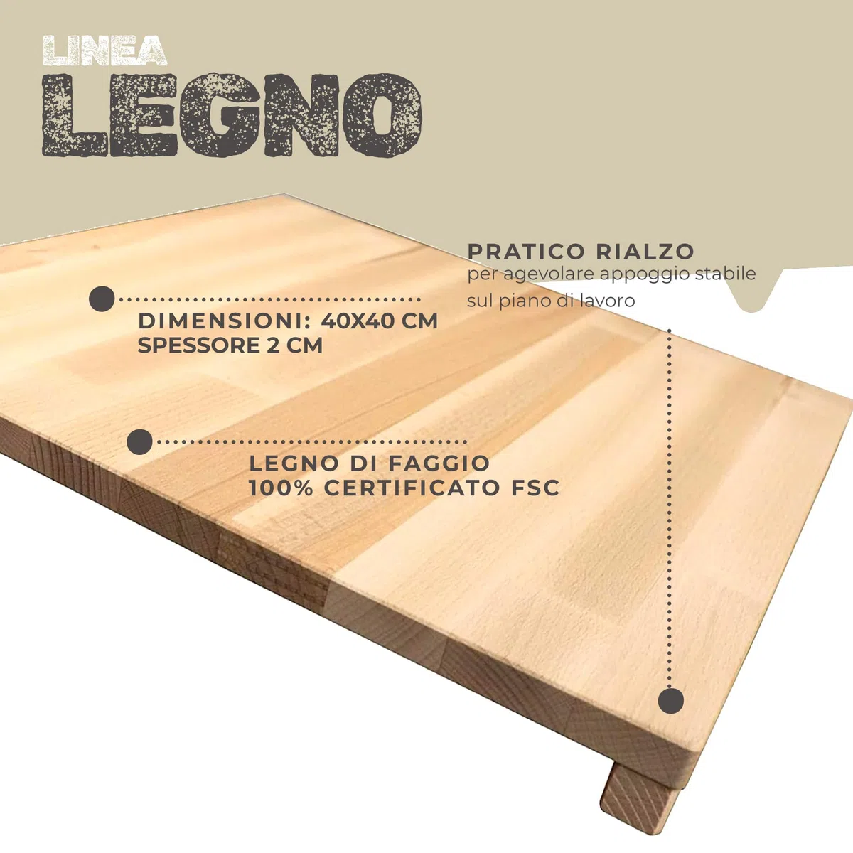 Fackelmann Tagliere spianatoia in Legno di Faggio 40 x 40 cm, Facile e Comodo da usare per Impasti e preparazione di Pasta Fresca, Taglia Unica, con rialzi di appo