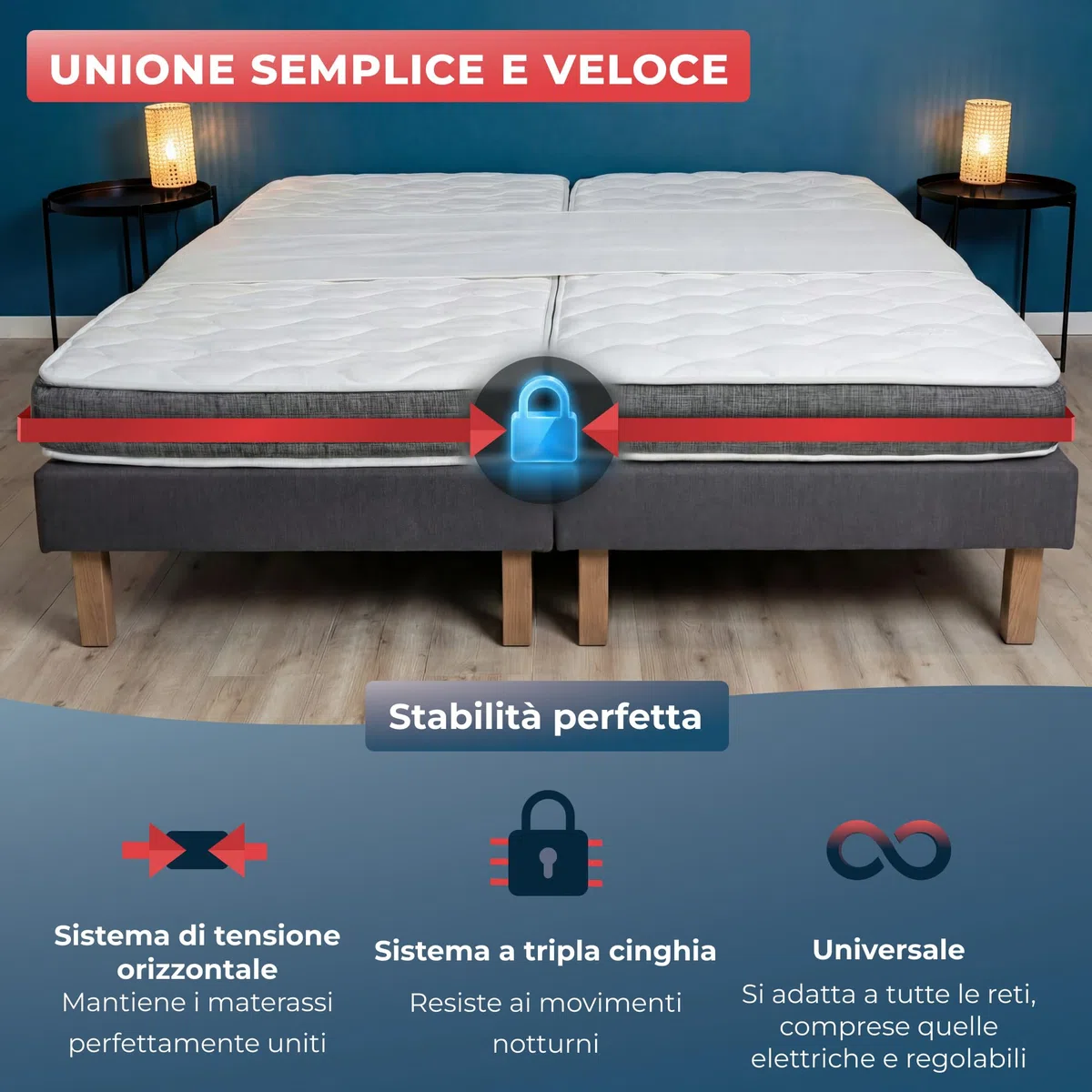 Wrappybag Unisci Materassi Singoli in Matrimoniale - Fascia Unisci Materassi - per Unire Due Letti Singoli Senza Sforzo - Tessuto Oeko-Tex Traspirante - Installazione Facile e Veloce