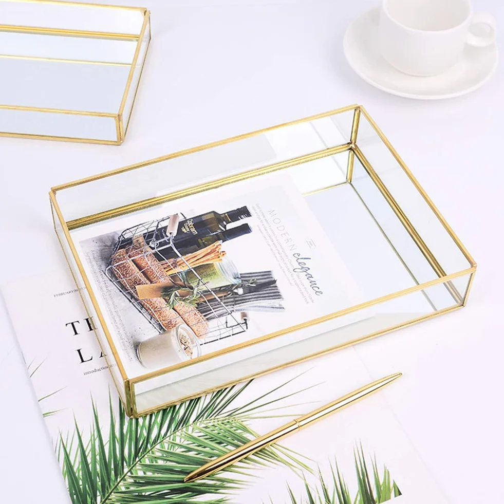 Vassoio per Gioielli e Trucco, Elegante Organizzatore Decorativo Dorato in Vetro a Specchio con Struttura in Metallo Fondo Riflettente 3 Dimensioni per Bagno e Camera da Letto