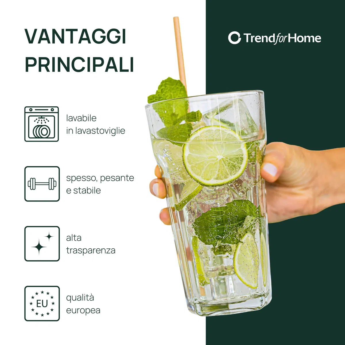 TREND FOR HOME Bicchieri da Cocktail XXL Caipirinha Highball 630 ml Set da 6 Design Retrò Tumbler Acqua Succo Caffè Freddo Longdrink Vetro Soda-Lime Senza Piombo Lavastoviglie Collezione Alva