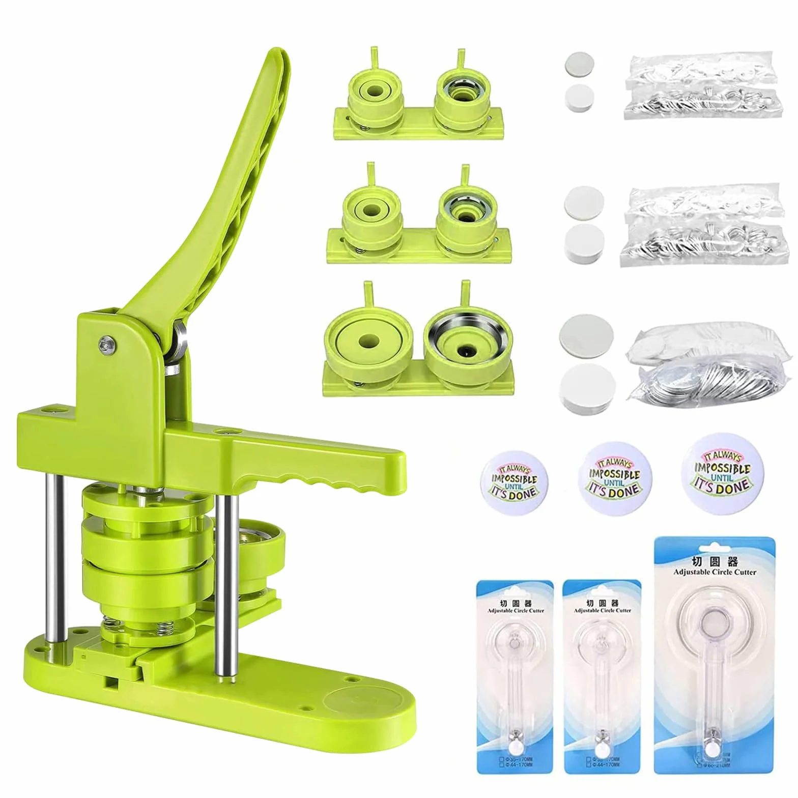 Pressa per Bottoni 3 in 1, Macchina per la Produzione di Spille e Badge con 300 Bottoni (25/32/58 mm) e Punzonatrice, Verde