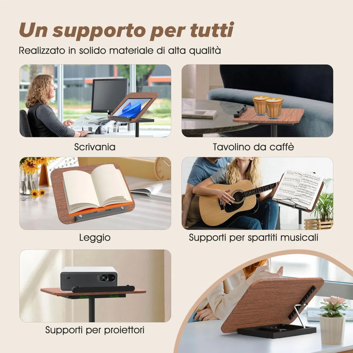Leggio regolabile 2 in 1 per la lettura, doppio uso da tavolo e da pavimento, leggio con vassoio e fermapagina elastici per spartiti, ricette, tablet, laptop, altezza regolabile 23,5-52 pollici (Noce)