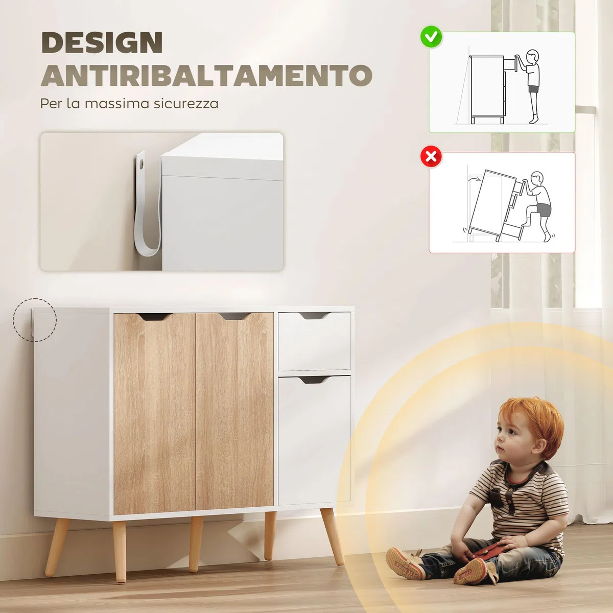 HOMCOM Mobiletto Multiuso con Cassetto e Armadietti, Credenza Stile Nordico in Legno per Camera, Soggiorno, Studio, 90x30x72 cm, Bianco e Color Legno