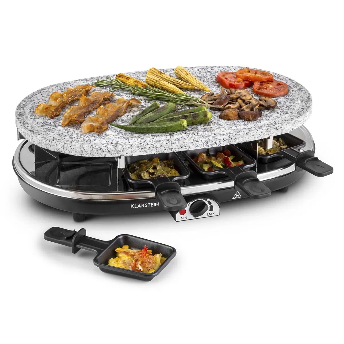 Klarstein Griglia per Raclette con Vassoio in Acciaio Inox, Piastra Raclette Formaggio Rotabile e Regolabile 15W, Piastra Elettrica per Grigliare Carne e Formaggio, Piastra Grill per Interni