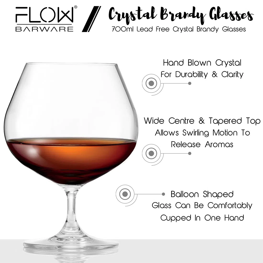 FLOW Barware Set di 2 bicchieri da brandy di alta qualità, realizzati a mano, 700 ml, in cristallo senza piombo, confezione regalo per brandy, cognac, liquori o liquori