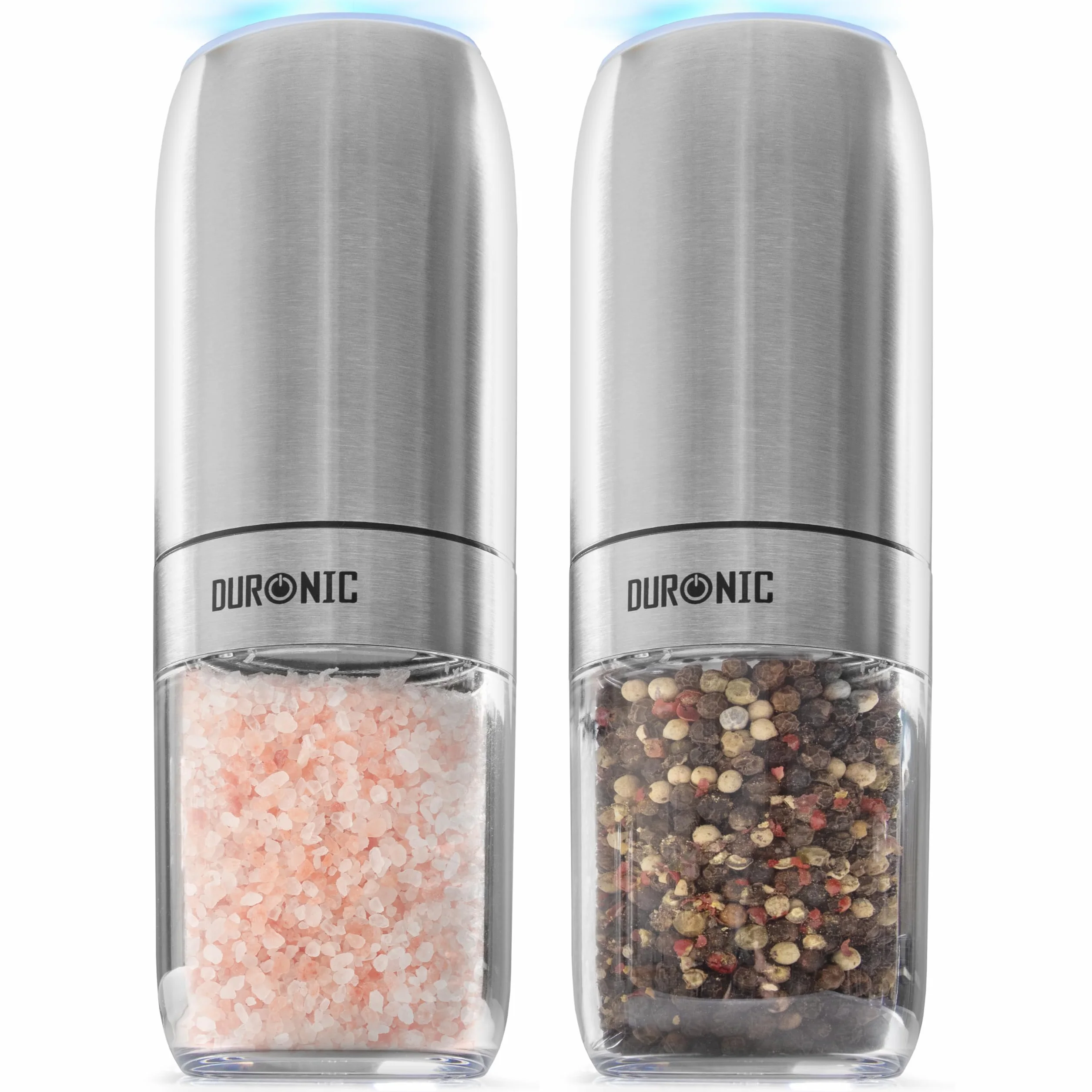Duronic EMB2 Set 2 Macinasale pepe Elettrico, Macina Spezie automatico 150 ml, Gravità Senza Pulsanti, Regolabile Fine Grossa, Luce LED Macinino Sale Pepe, Portatile Alimentazione Batterie