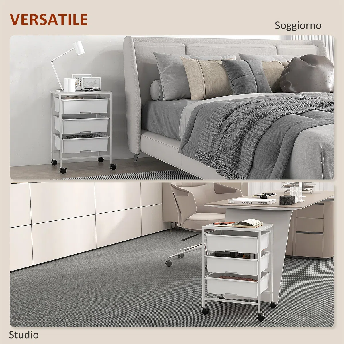 HOMCOM Carrello Portaoggetti con 3 Cestini Estraibili e Ruote, Carrello da Cucina Salvaspazio in Acciaio e Plastica, Bianco