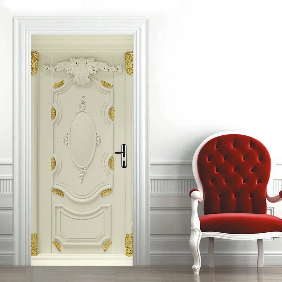 A.Monamour Adesivo Porta Autoadesiva Classica Porta In Legno Bianco Con Rilievi Dorati Vinile PVC Adesivi per Porte Interne 3D Pellicola Adesiva Poster Sticker Murale Parete Carta da Parati