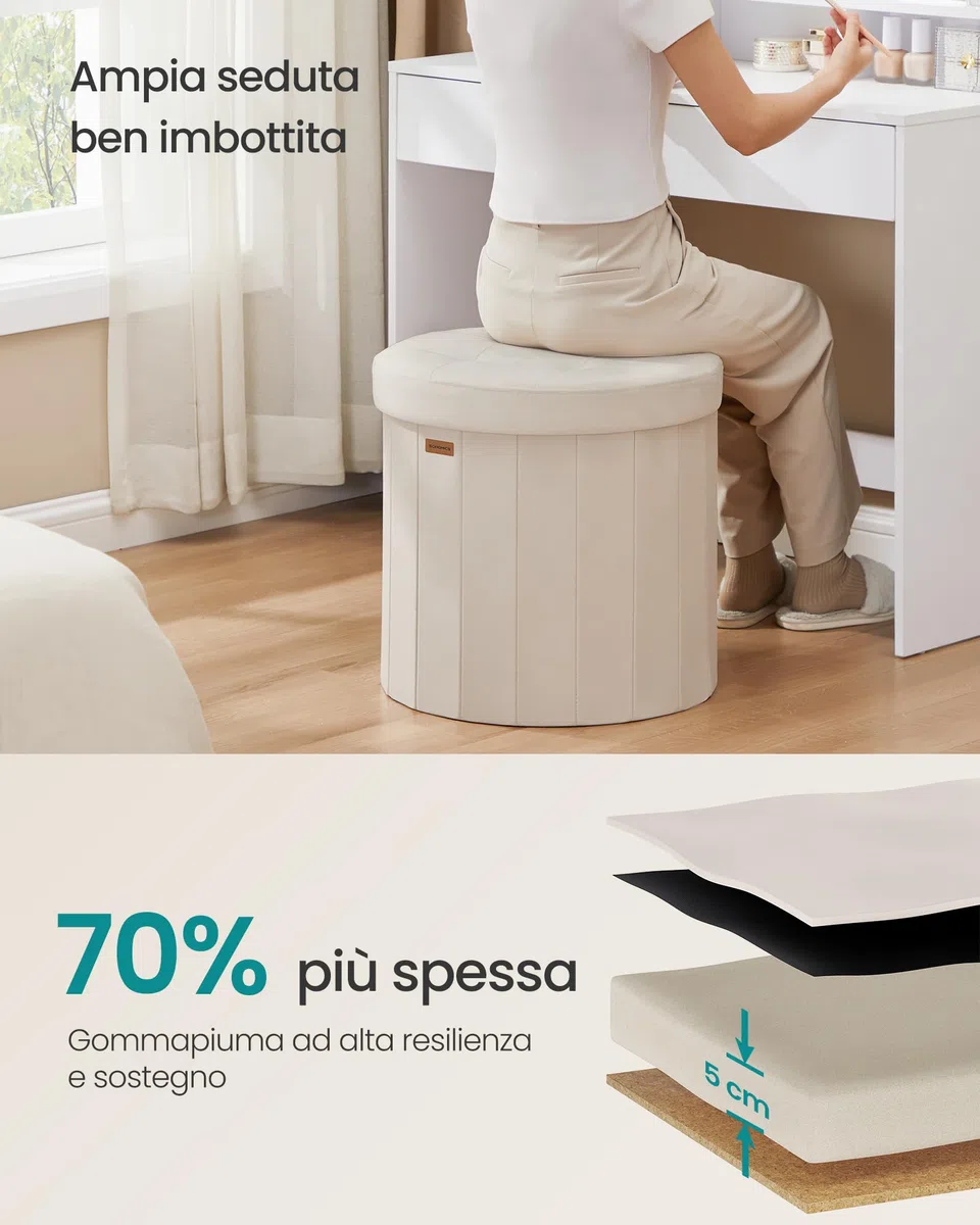 SONGMICS MAZIE Collezione - Pouf Contenitore Rotondo, Sgabello Poggiapiedi Pieghevole con Coperchio, Cassapanca, Montaggio Facile, Velluto per Camera, Soggiorno, Ingresso, Beige Cappuccino LSF608L01