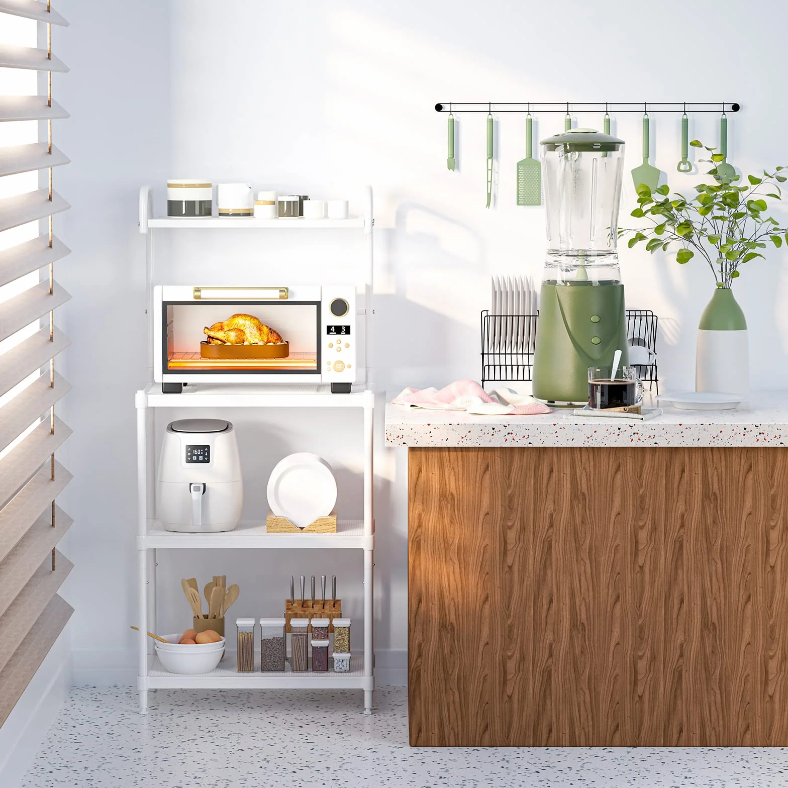 KOMFOTTEU Mensola da Cucina a 4 Livelli in Metallo, con 4 Piedini Antiscivolo, 60 x 34,5 x 136 cm, Supporto per Forno a Microonde, Scaffale Multifunzionale per Cucina e Sala da Pranzo (Bianco)