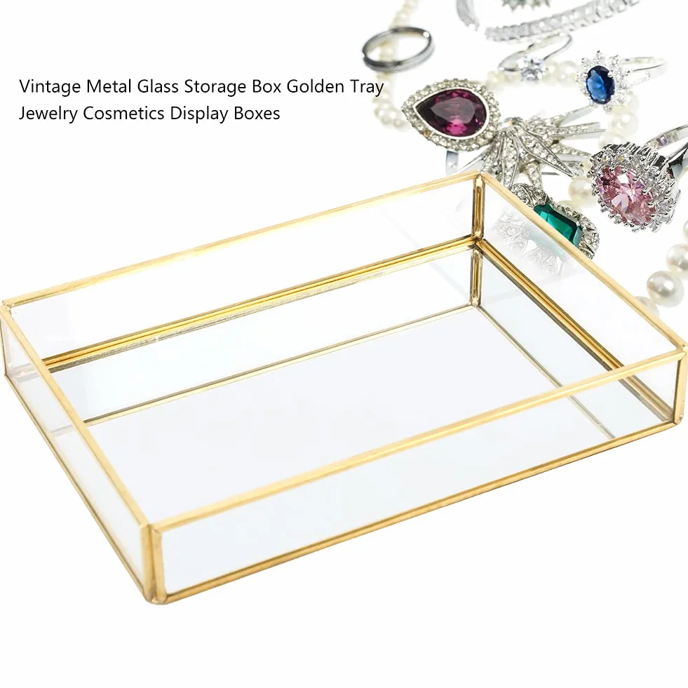 Vassoio per Gioielli e Trucco, Elegante Organizzatore Decorativo Dorato in Vetro a Specchio con Struttura in Metallo Fondo Riflettente 3 Dimensioni per Bagno e Camera da Letto