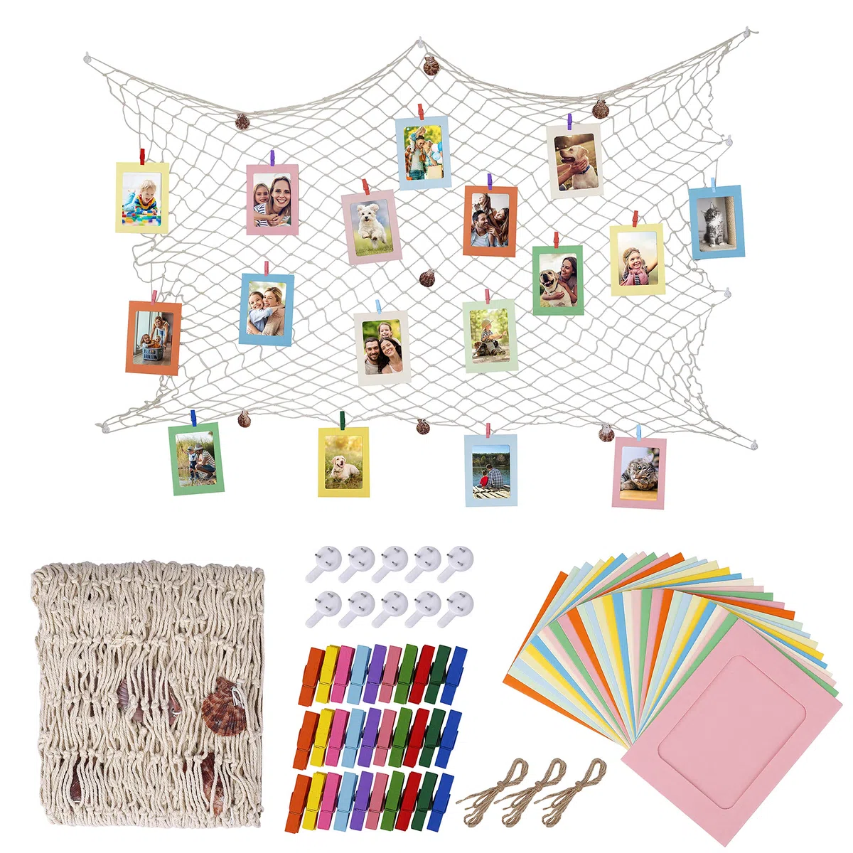 Cornice di Carta per Foto DIY Album Portafoto Decorazione della Parete con Corda di Iuta e Mollette Rete da Pesca Appeso Decorazione di Festa Matrimonio e Compleanno 30 Pezzi 10 Colori