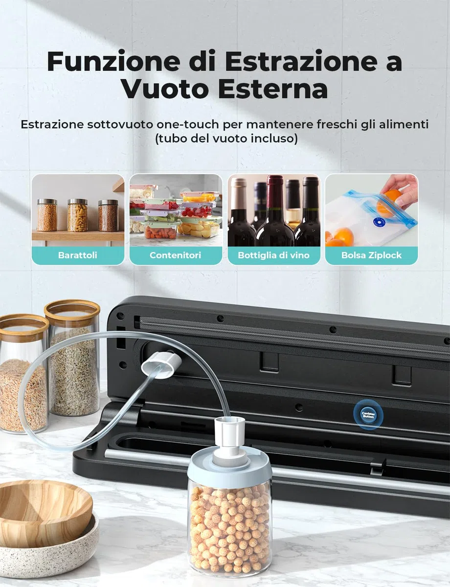 Macchina Sottovuoto Alimenti 5 in 1, Automatica Sigillatore Sottovuoto Macchina per Alimenti Secchi che Umidi, con 10 Sachetti Sottovuoto e Tubo Sottovuoto, Nero