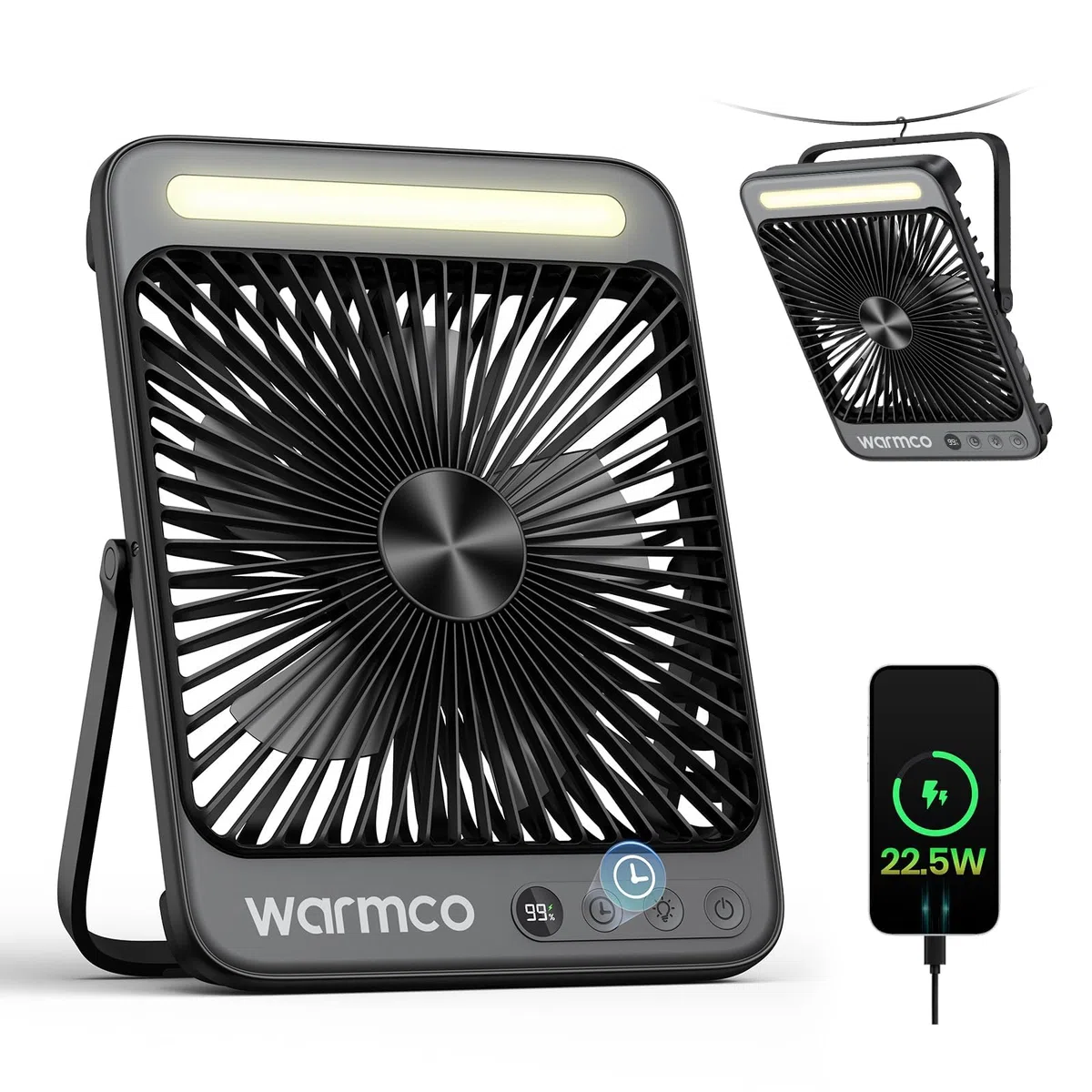 Warmco D4 Pro - Ventilatore portatile da campeggio, 20000 mAh, ventola ricaricabile da 8 pollici, autonomia 15 ~ 48 ore, timer, ricarica rapida, luce LED, ventola da viaggio ultra sottile alimentata a