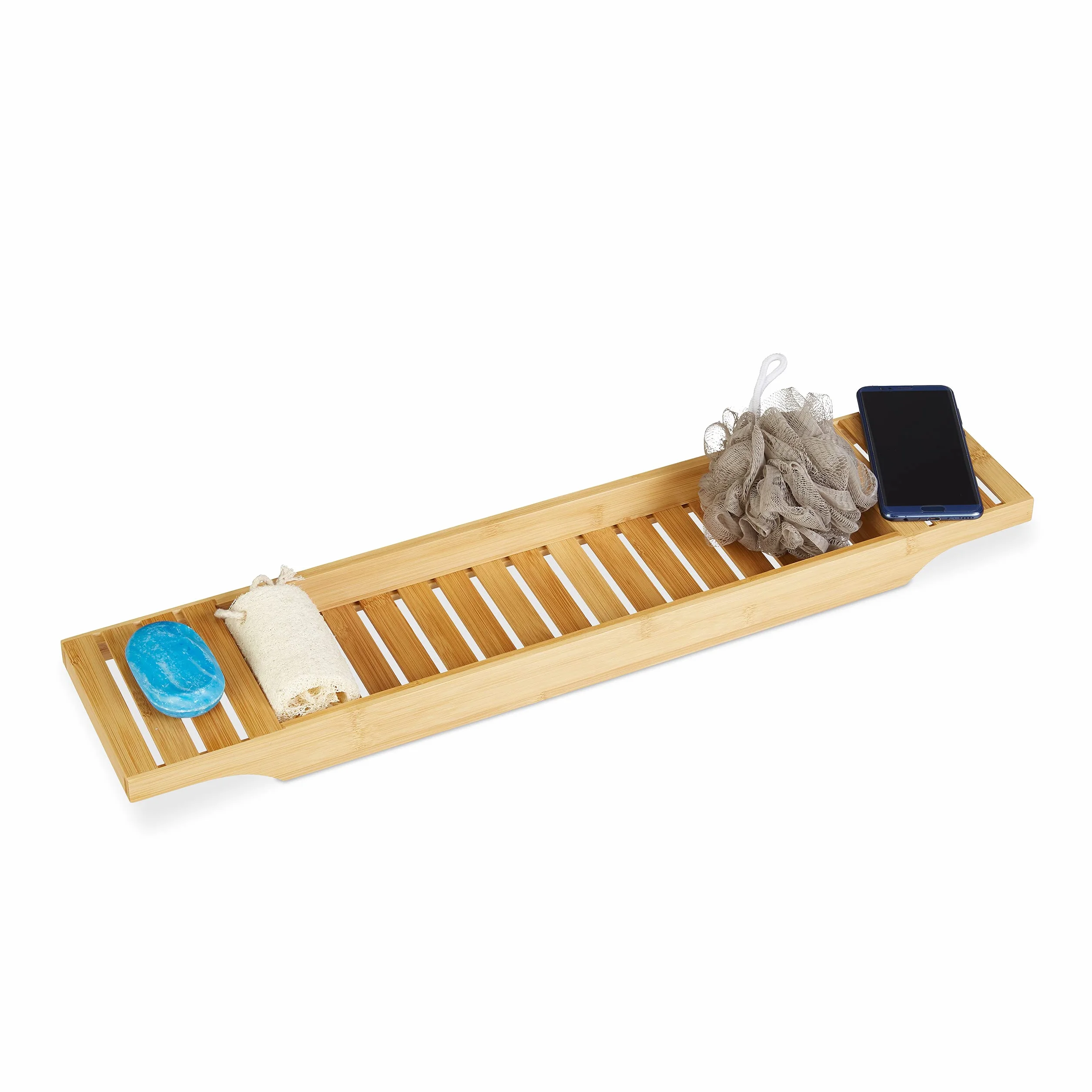 Relaxdays Mensola in Bambù, Portaoggetti Bagno, Vassoio Vasca, Contenitore Accessori, HLP: 4,5x68,5x14,5 cm, naturale