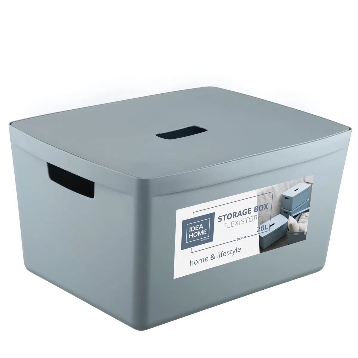 IDEA HOME FLEXISTORE Box Portaoggetti 28L – Contenitore Robusto con Coperchio e Maniglie – Scatola di Plastica Infrangibile – Organizer Impilabile Blu Denim per Casa e Ufficio