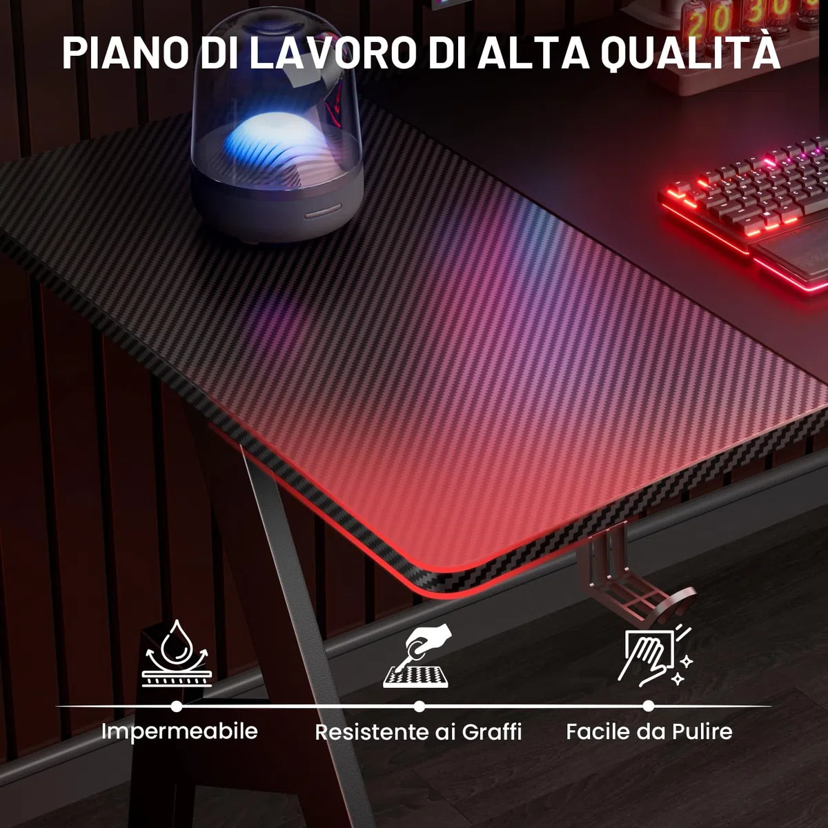 HLFURNIEU Scrivania Gaming Ergonomica, 120 x 60 cm Tavolo da Computer, Scrivania Gamer con Porta Bicchiere e Gancio per Cuffie, Piano del Tavolo in Fibra di Carbonio Impermeabile, Nero
