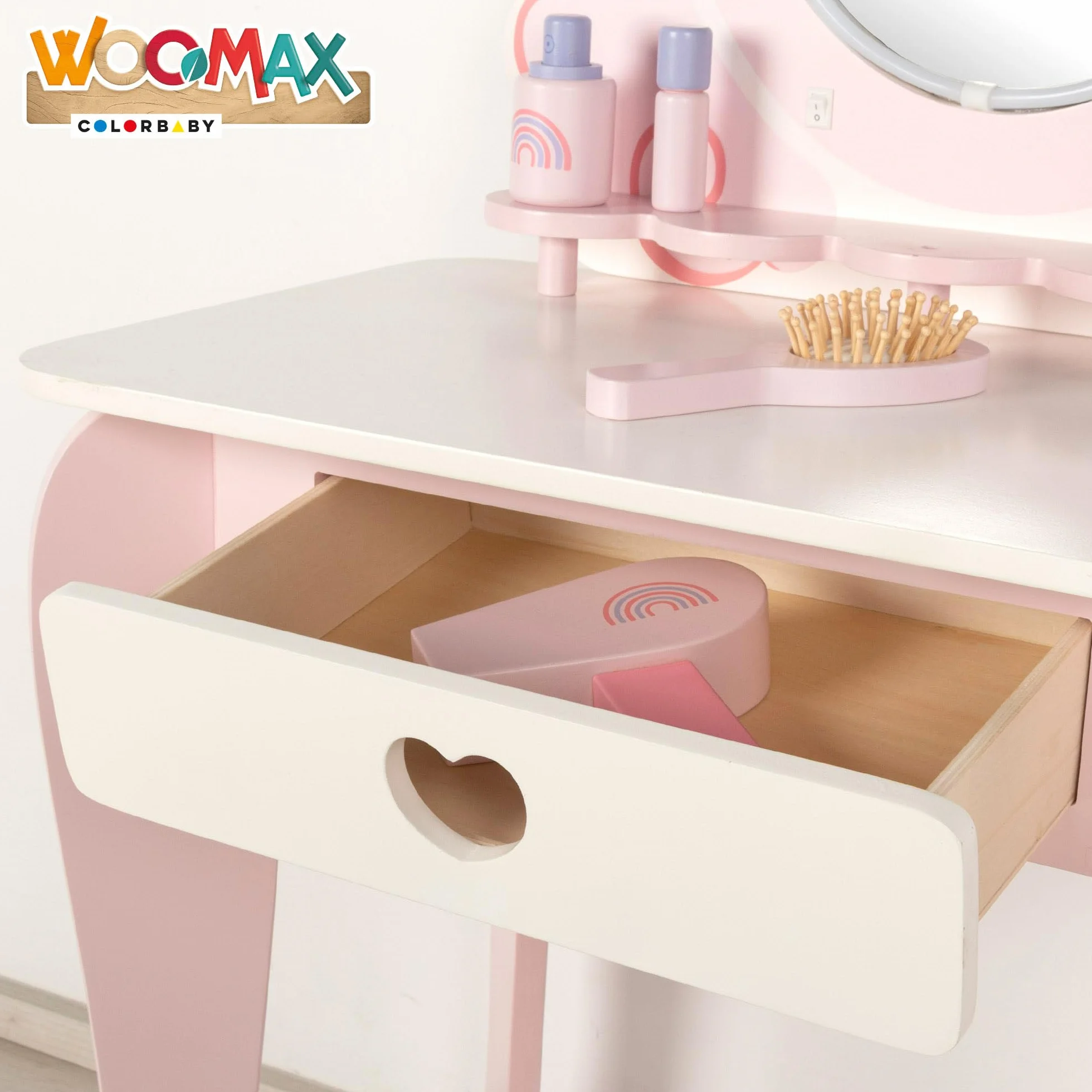WOOMAX Tavolo da toeletta Bambina Sgabello in Legno Specchio con Luce 48x32x92cm Colori Pastello Inclusi Accessori Toletta Bambini Accessori Interattivi, Giocattoli per Bambini di 3 anni