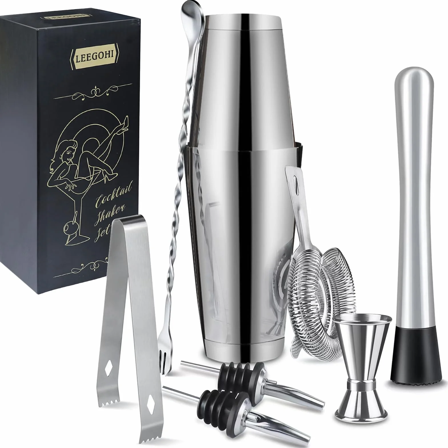 Boston Kit Cocktail,8 Pezzi Kit Barista in 304 Acciaio Inox Kit Professionale Cocktail Shaker Set con 700/600ML Shaker, per la Casa, Bar, Festa, Usato per fare il gin, Campari's aperitivo