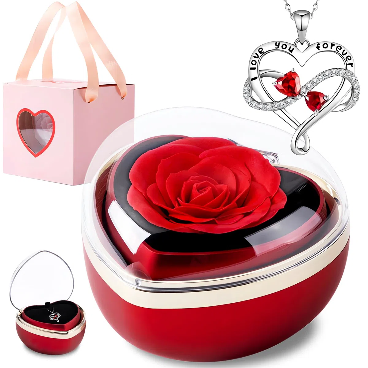 Rosa Eterna con Collana, Rosa Stabilizzata Rossa Cofanetto,Fiori Eterni con Collana Cuori Regalo, per Idea Regalo Donne la Moglie a Natale,San Valentino,Festa della Mamma