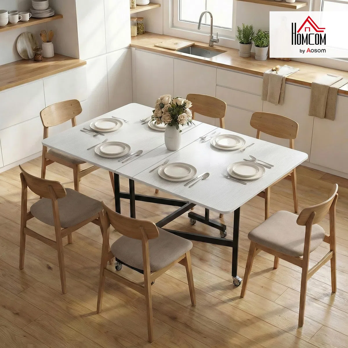 HOMCOM Tavolo da Pranzo Pieghevole, Tavolo Cucina a Ribalta con Ruote a Freno per 4-6 Persone, Scrivania Richiudibile con Struttura in Acciaio, per Soggiorno, 120x80x73 cm, Bianco Effetto Legno