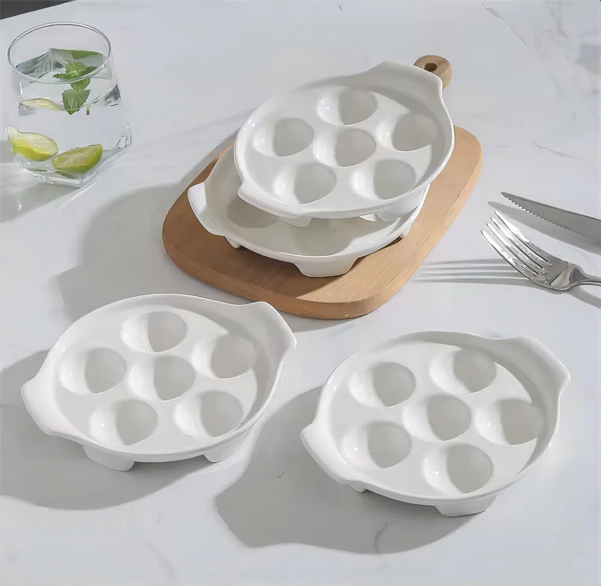 Bamboo's Grocery LoKii Confezione da 2 piatti in ceramica a 6 fori, piatto per lumache con manici, piatti dietetici, bianco, 15,2 cm, medio