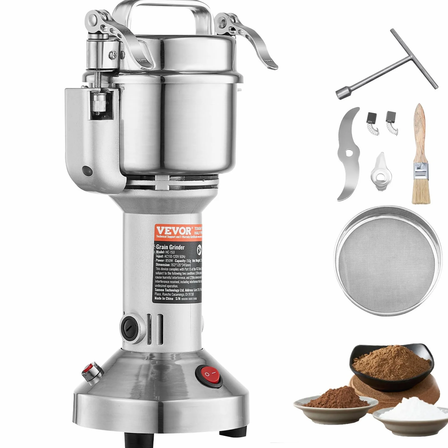 VEVOR 150g Mulino Elettrico per Cereali, Macina Spezie Commerciale Alta Velocità 850 W, Macchina Polverizzazione in Acciaio Inox, per Cereali Secchi, Spezie, Caffè, Mais, Pepe, Tipo Oscillante