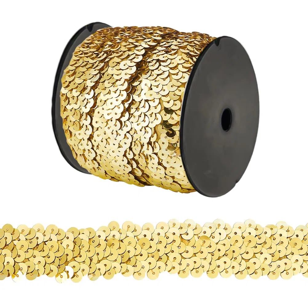 OLYCRAFT 10M Bordo Elastico Con Paillettes Bordo Con Paillettes Elasticizzato Metallizzato Nastro Con Paillette In Tessuto A 3 file per Abbellimento Del Vestito E Fascia - Oro