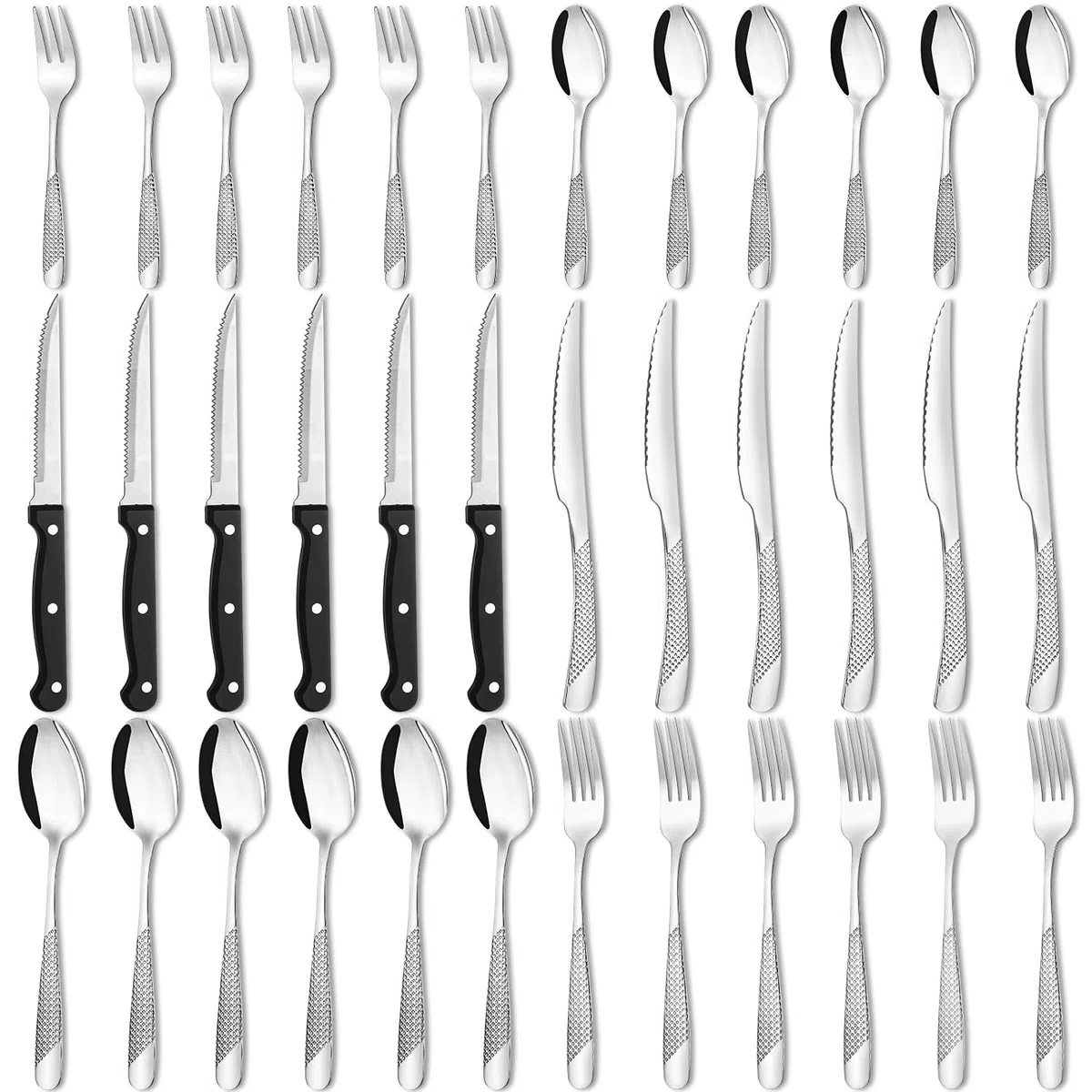 Set Posate Acciaio Inox 36 Pezzi per 6 Persone, 6 Forchette, 6 Forchette da Dolce, 6 Coltelli, 6 Cucchiai, 6 Cucchiaini e 6 Coltelli da Carne, Lavabile in Lavastoviglie