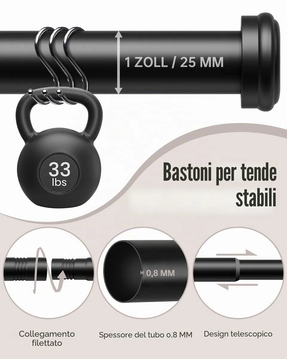 Bastone Tende 80–183 cm, Asta Estensibile Ø25 mm, Bastoni per Tende con Staffe per Finestre di Camera da Letto e Soggiorno, Nero Opaco