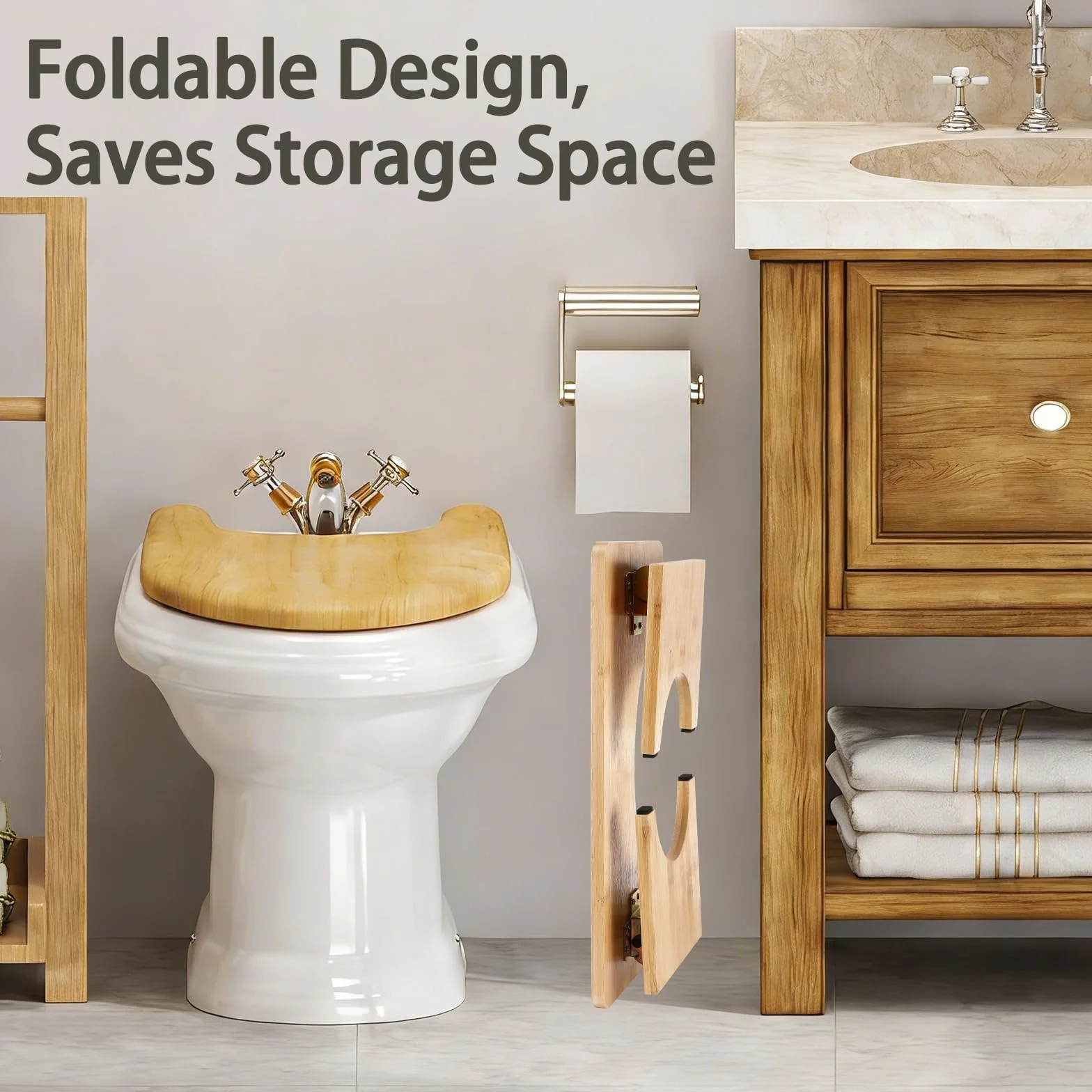Sgabello WC Pieghevole Legno, Sgabello WC Adulti, Sgabello Pieghevole Bagno per WC, per Adulti e Bambini, Ergonomico per Promuovere la Digestione, Sgabello Salvaspazio per WC e Bagno