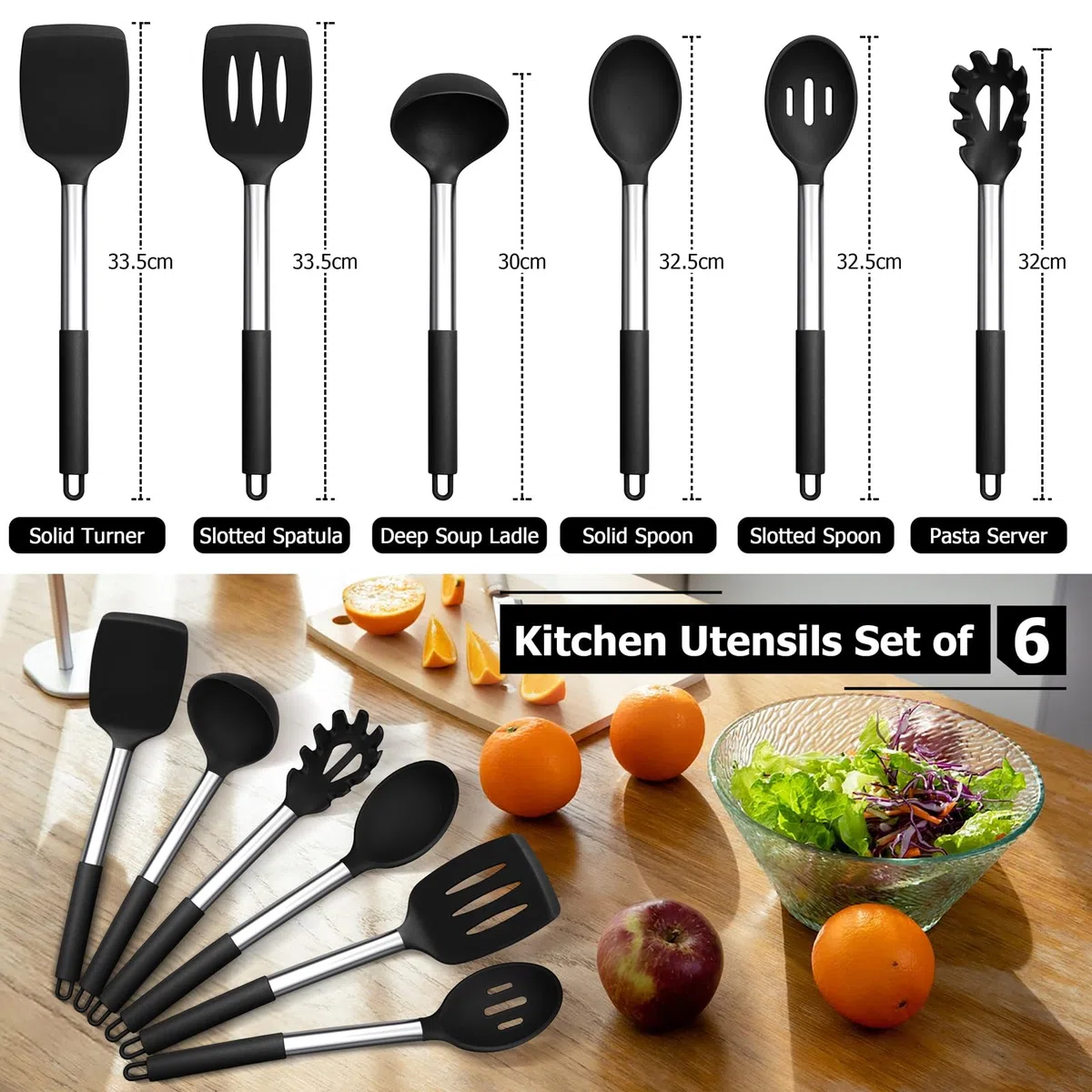 HaWare Set di utensili da cucina, 6 pezzi in silicone nero, resistenti al calore, con manico in acciaio inossidabile per utensili da cucina antiaderenti, gli strumenti da cucina includono mestolo