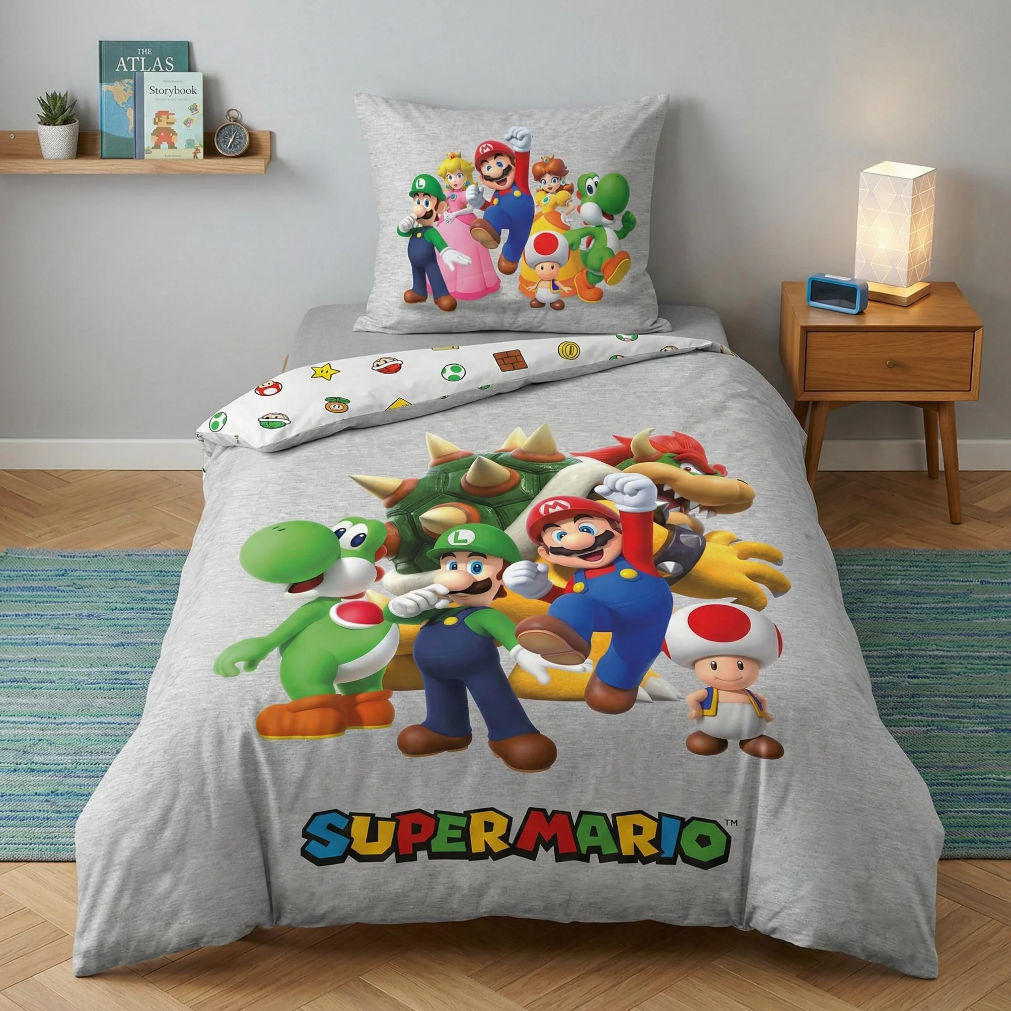 Set di Biancheria da Letto Super Mario 135 x 200 cm + 80 x 80 cm · Con Mario, Luigi, Toad, Peach, Wario e Yoshi · Set di Biancheria da Letto per Bambini, Singolo, 2 Pezzi, Copripiumino + Federa