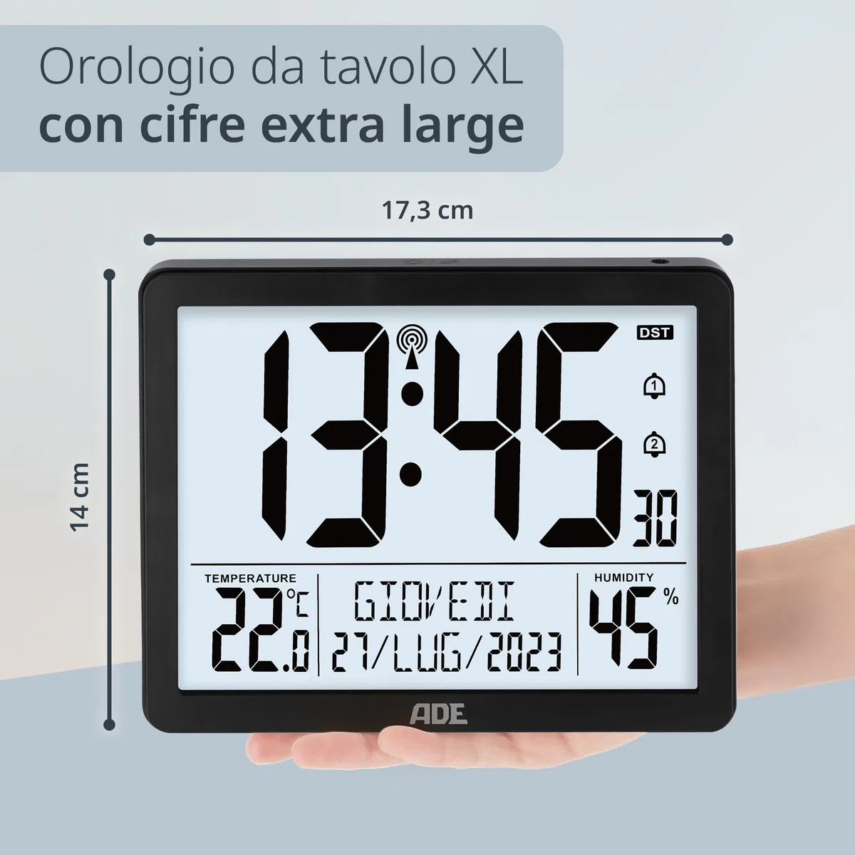ADE Orologio digitale radiocontrollato con cifre molto grandi | Orologio da tavolo o parete con 2 orari di sveglia e illuminazione | Termometro Igrometro | Cornice stretta in nero opaco