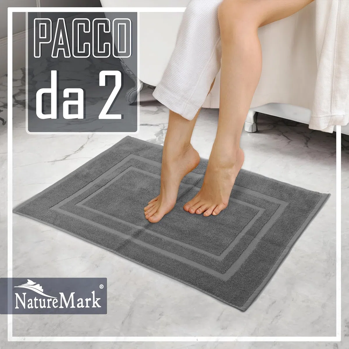 NatureMark Set di 2 Tappeti da Bagno 50x80 cm – Cotone Spugna 800 g/m² – Tappeti Bagno Spessi e Altamente Assorbenti – Asciugatura Rapida – Senza Base in Gomma – Grigio Antracite