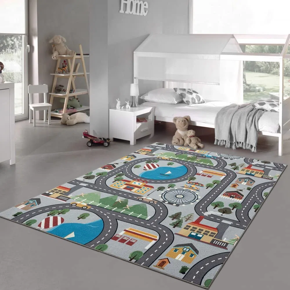 Teppich-Traum Tappeto Gioco per Bambini Paesaggio Urbano - ruota panoramica Montagne - grigio 140x200 cm