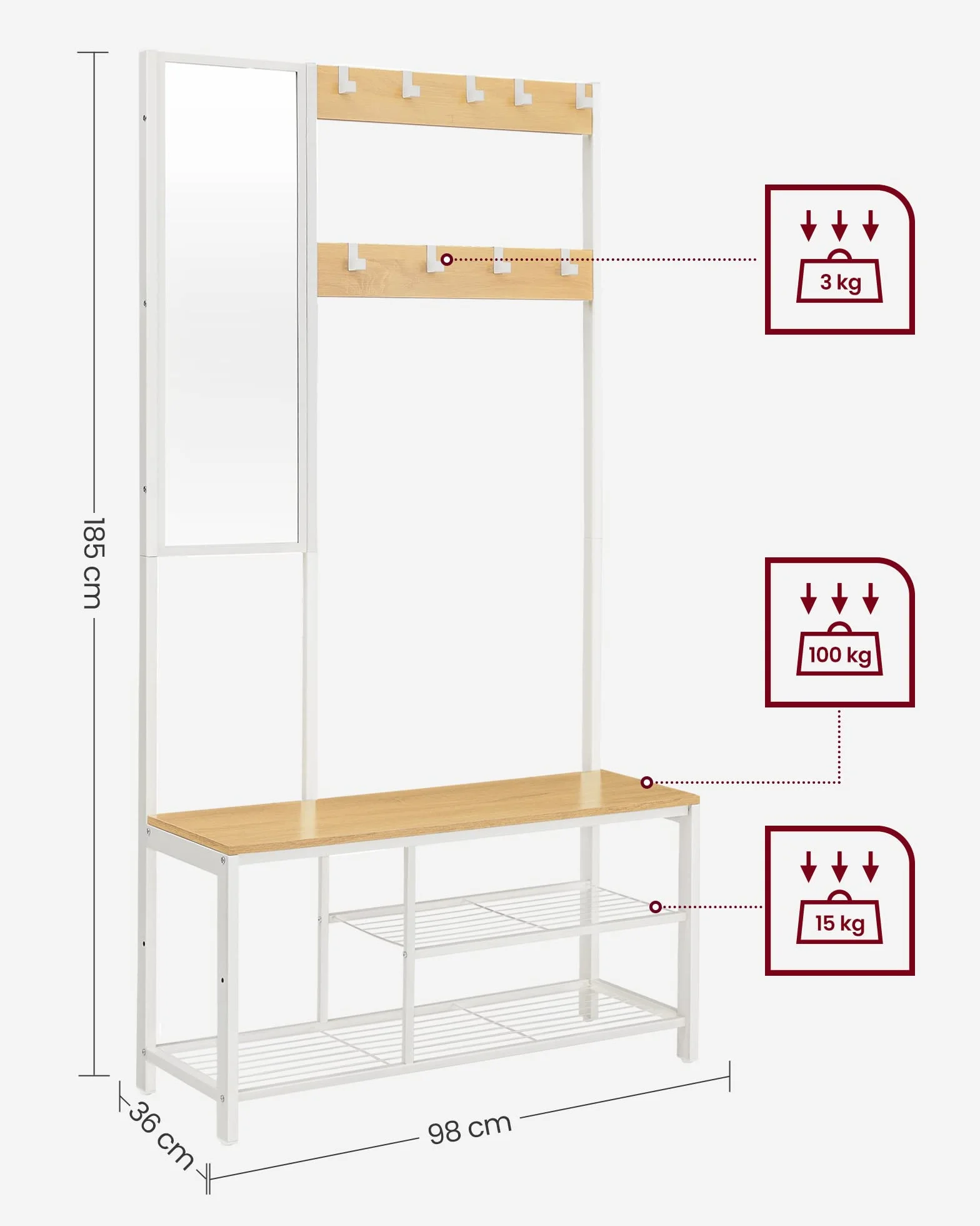 VASAGLE Appendiabiti, Mobile Ingresso con Ganci, Specchio, Panca Scarpiera e Ripiani, 36 x 98 x 185 cm, Corridoio Camera da Letto Salotto, Color Rovere e Bianco HSR050W09
