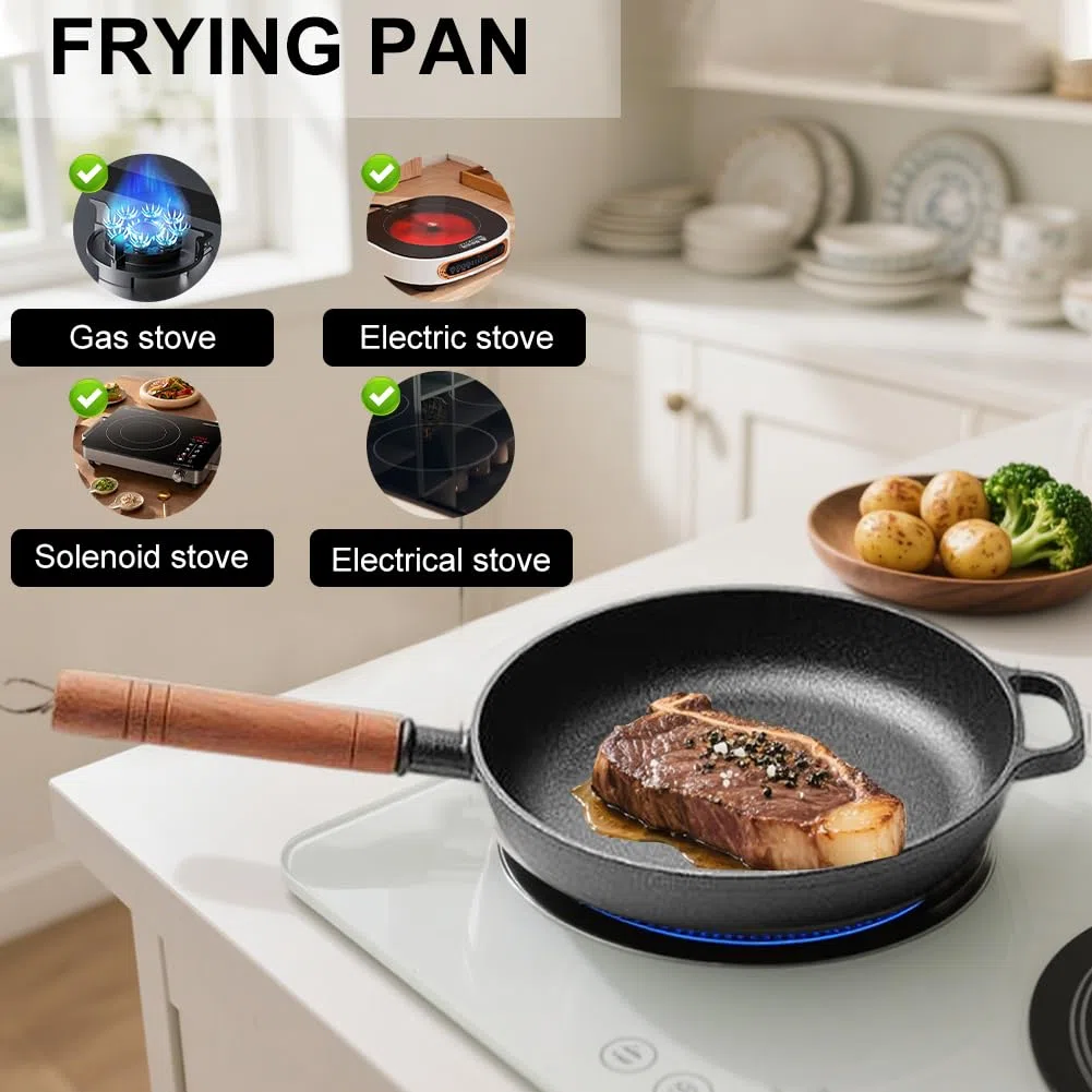 Padella in Ghisa 27 cm con Manico in Legno, in Ferro Durevole e Antiaderente Naturale, adatta a Induzione e a Tutti i Piani Cottura, ideale per Bistecca, Frittata e Verdure