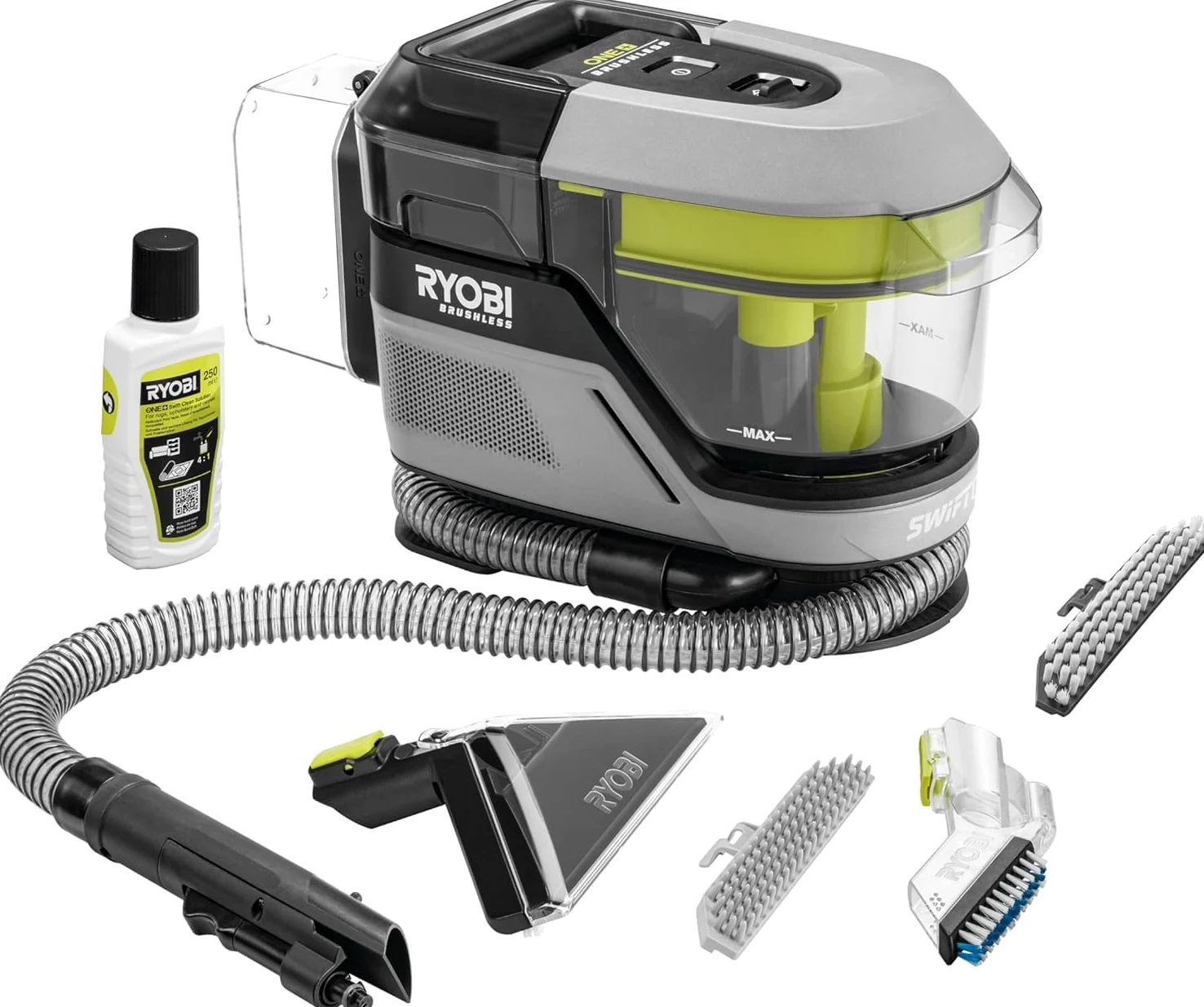 Ryobi RDC18BL-0, Smacchiatore multisuperficie con Spazzola Motorizzata 18V ONE+, Certificato IPX7, 3 pulsanti per attivare spray detergente, spazzola e aspirazione