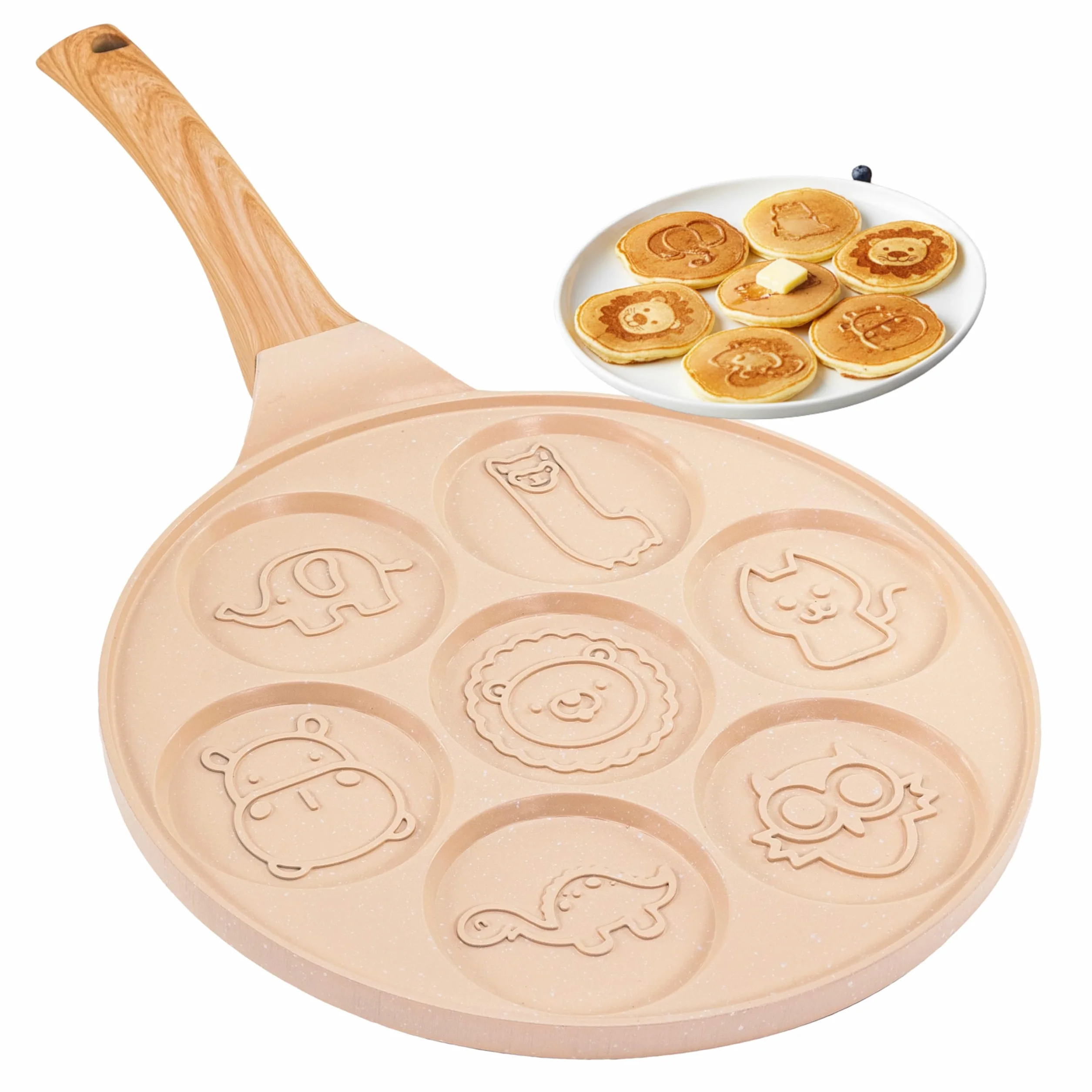 Erreke Padella per Pancake, Crepiera, Tutti i Piani Cottura e Induzione, Doppio Rivestimento Antiaderente, Design Animaletti, Manico Soft-Touch, 7 Pancake o Crepe, 26 cm Colore Beige