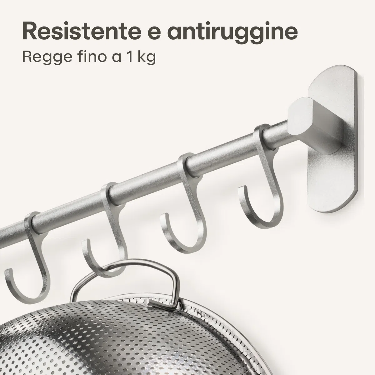Praknu Barra Portautensili da Cucina Adesiva – 8 Ganci Regolabili - Installazione Senza Buchi - 40 cm – Supporto in Alluminio per Utensili da Cucina